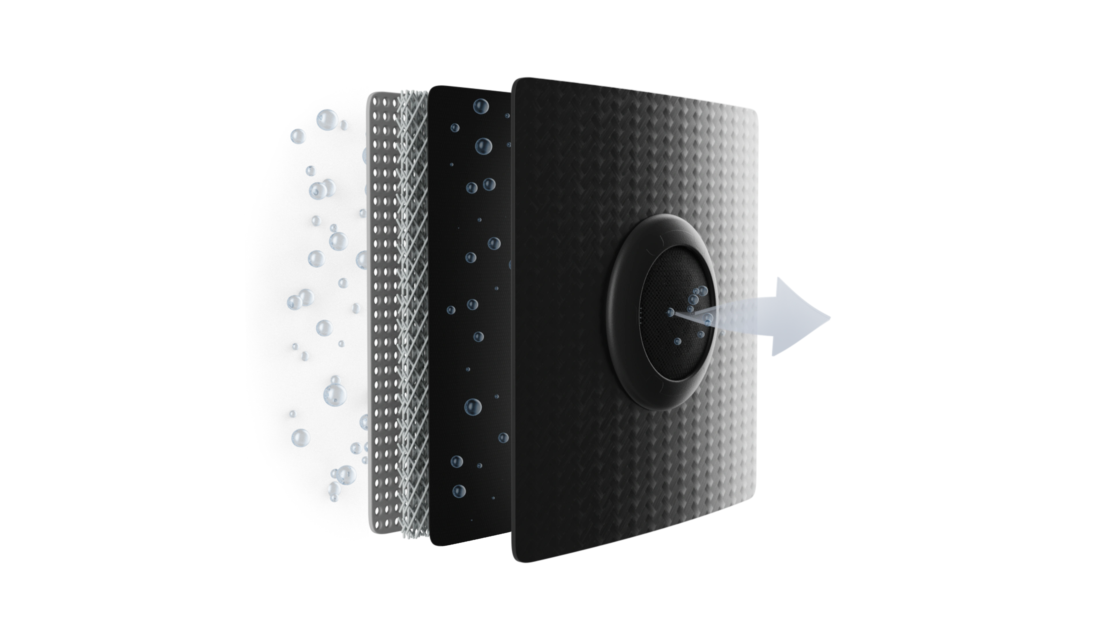 An exploded diagram of the AeroFit Seal-In liner material layers. On the left, bubbles escape through a perforated silicone layer, passing through a porous knitted mesh layer and an integrated fabric backing. On the right, a dark textured outer layer features a central circular valve mechanism with a large white arrow pointing outward to indicate the direction of expelled airflow.