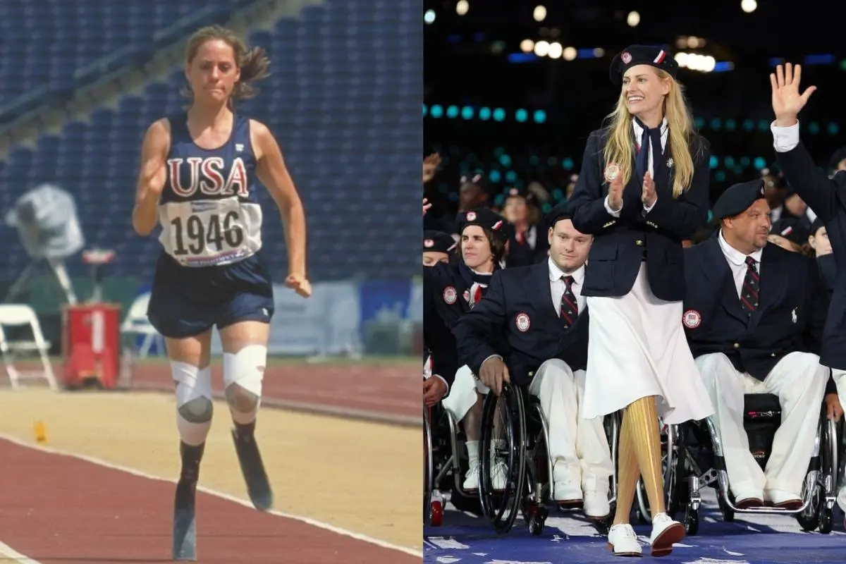 Aimee Mullins competing in the 1996 Atlanta Paralympic Games using carbon-fiber running prostheses (left) and serving as Chef de Mission of Team USA in the 2012 London Games (right).